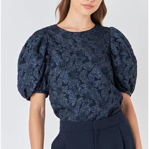 Endless Rose Navy Tapestry Puff Sleeve Top